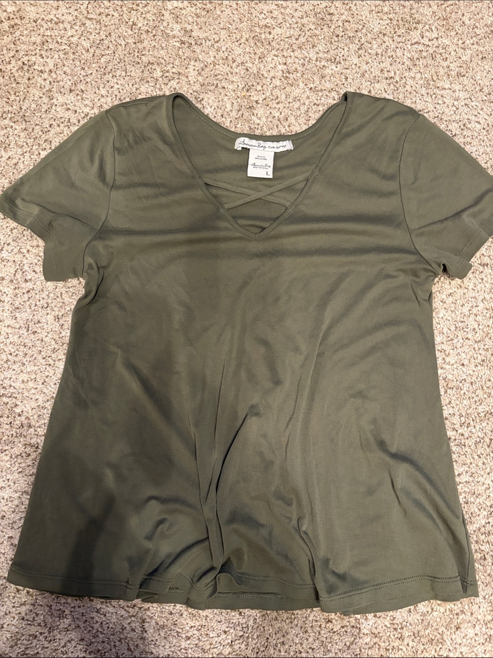 American Rag Olive Green Short Sleeve Crisscross V-Neck Tee